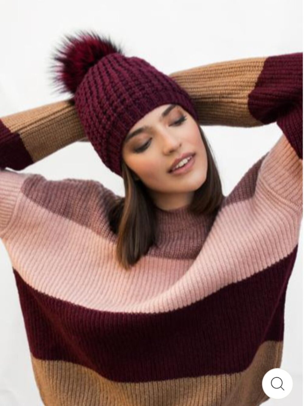 Kyi Kyi Classic Fox Fur Pom Pom Beanie Hat Burgundy